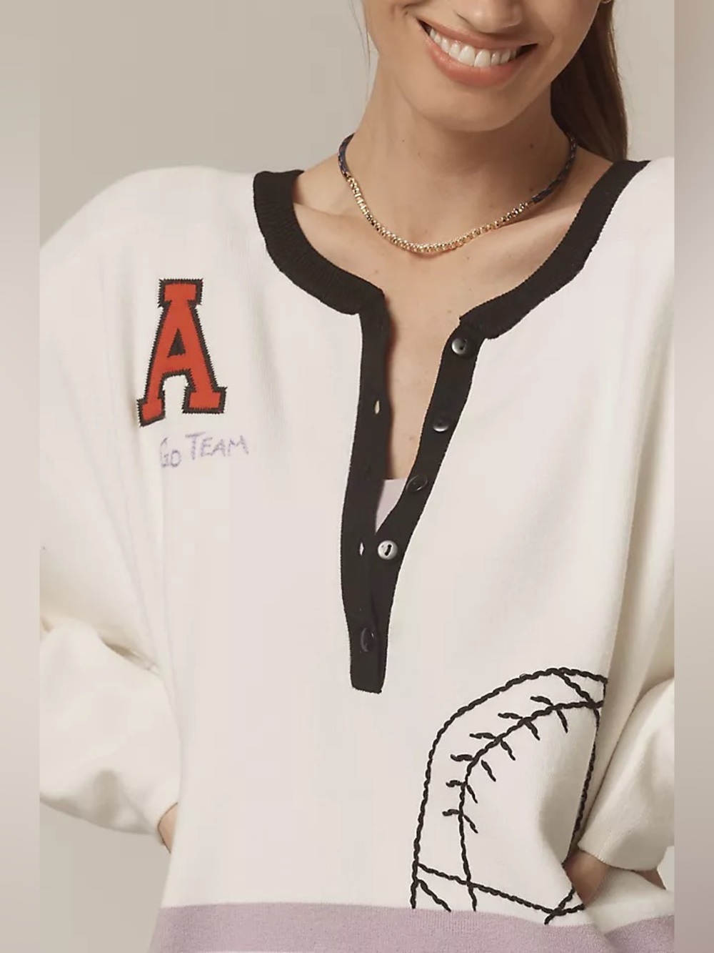 1222.ANTHROPOLOGIE Daily Practice Go Team Embroidered HenleySweater SzM NWT $178 - Picture 4 of 10
